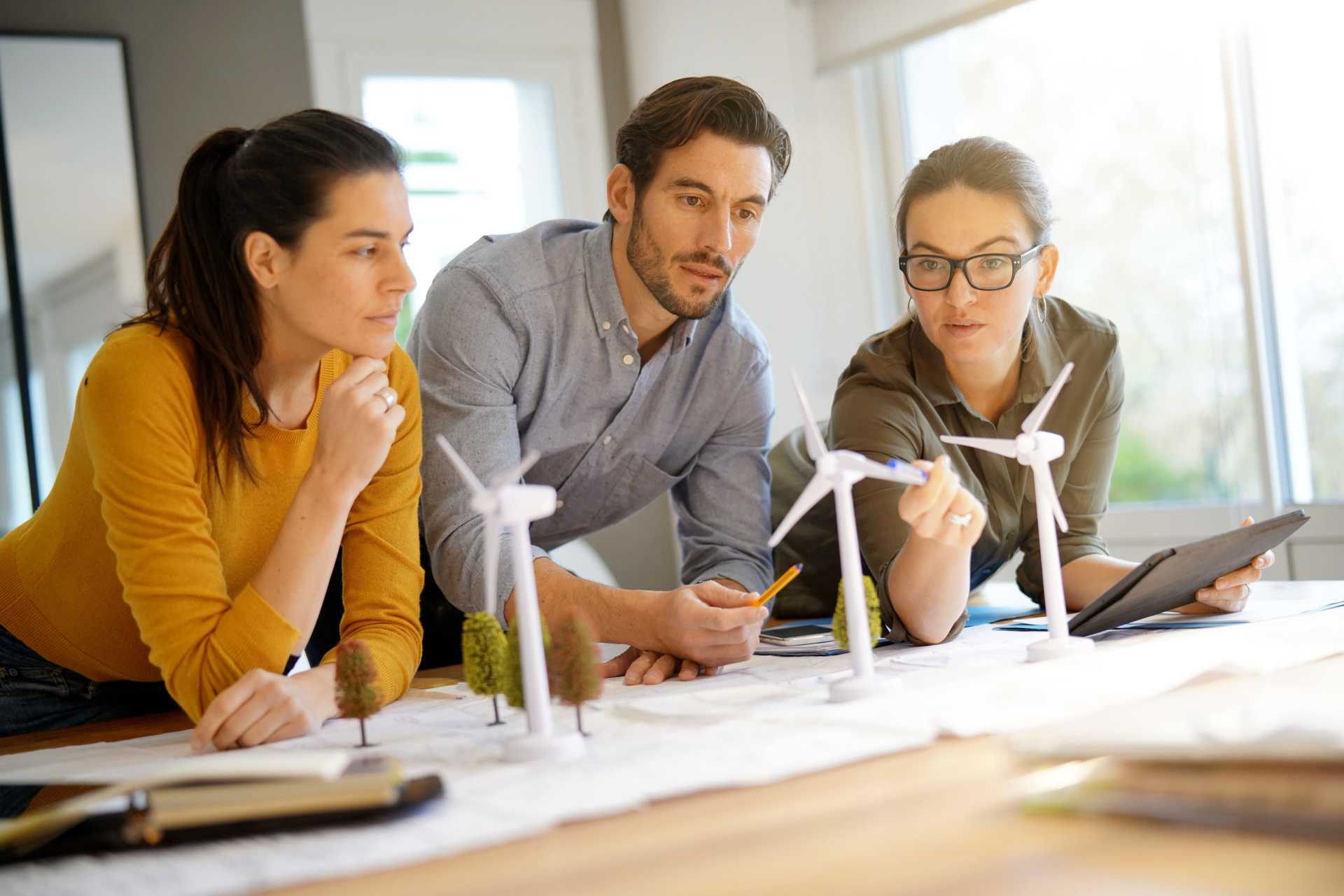 Attractive wind farm engineers looking over turbine placements