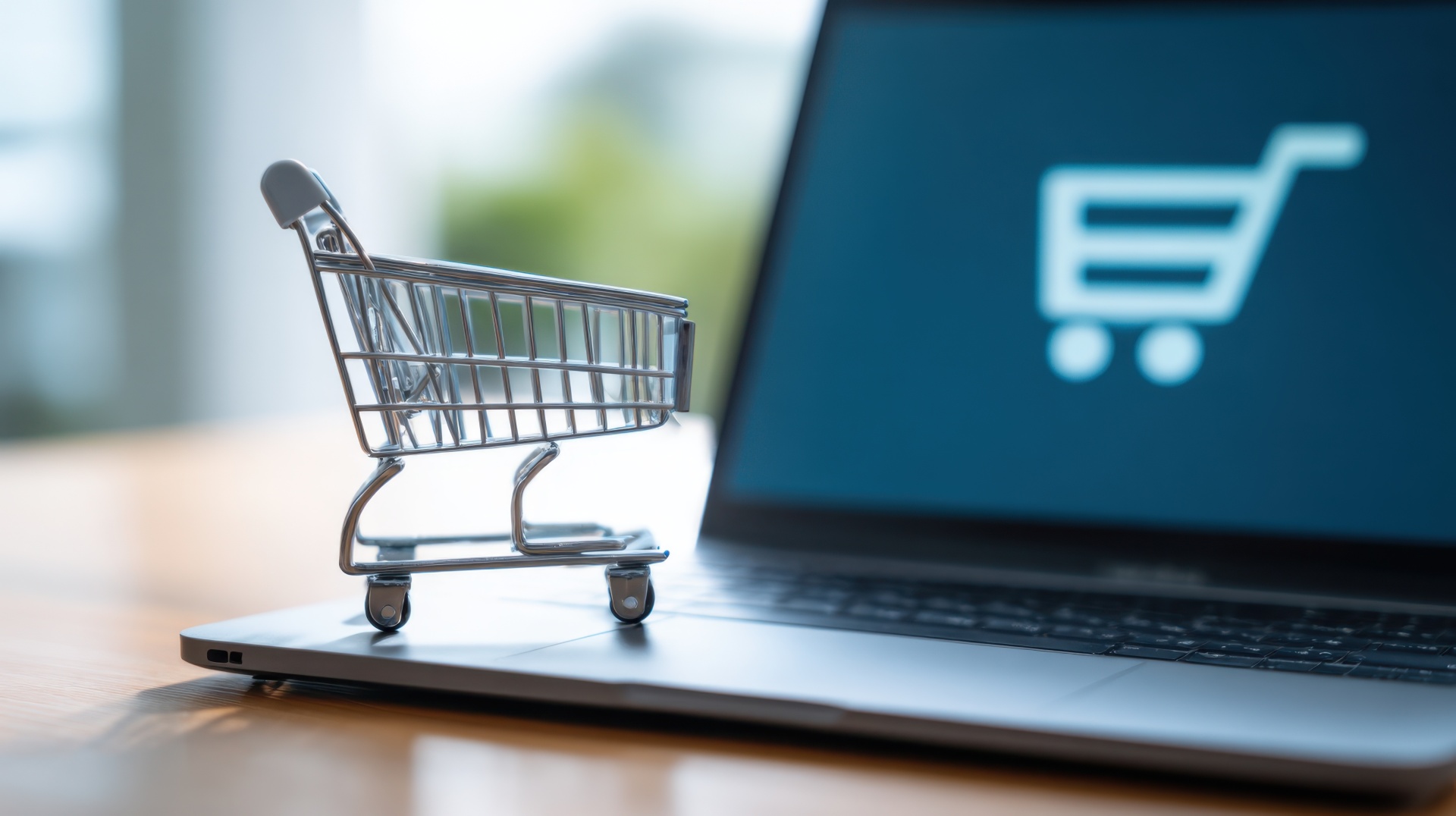 Online shopping experience with a miniature cart resting on a laptop at home in bright natural light